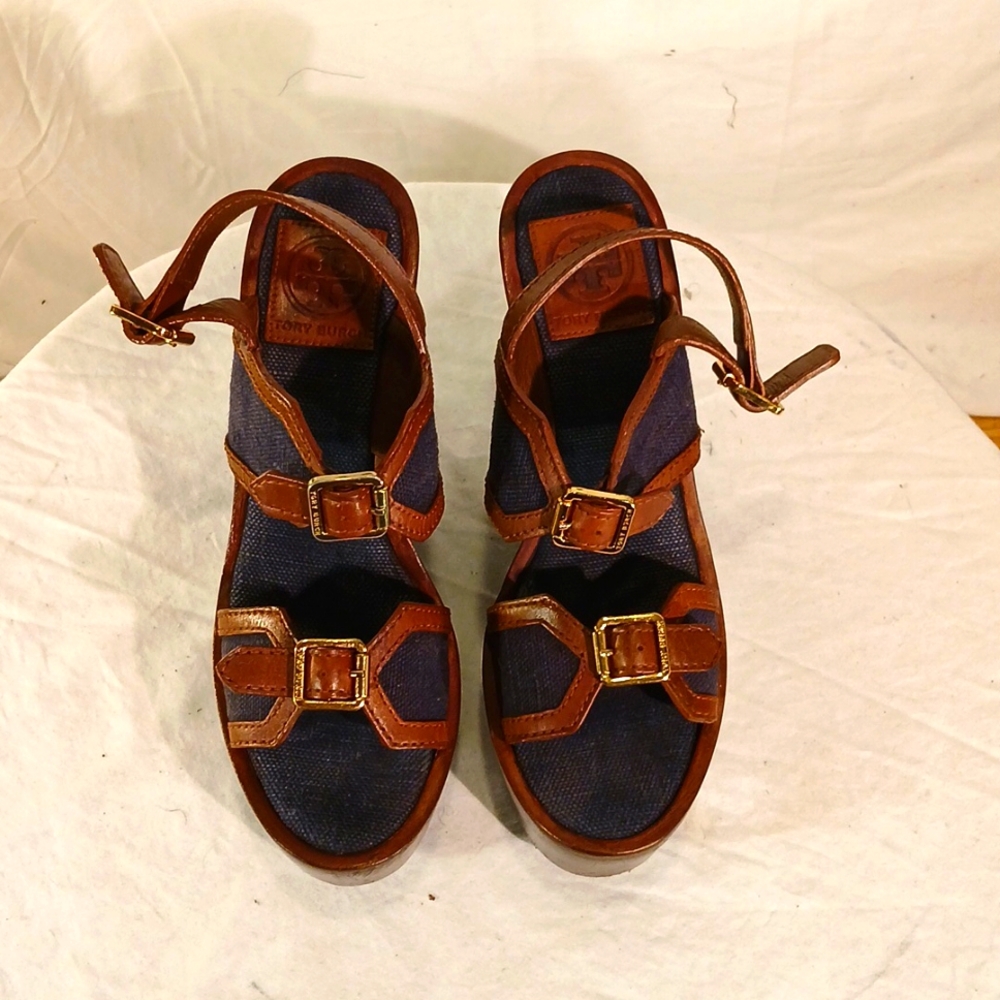 Like New Tory Burch Brown Leather & Navy Blue Denim Wedge Platform Heels - Picture 8 of 16